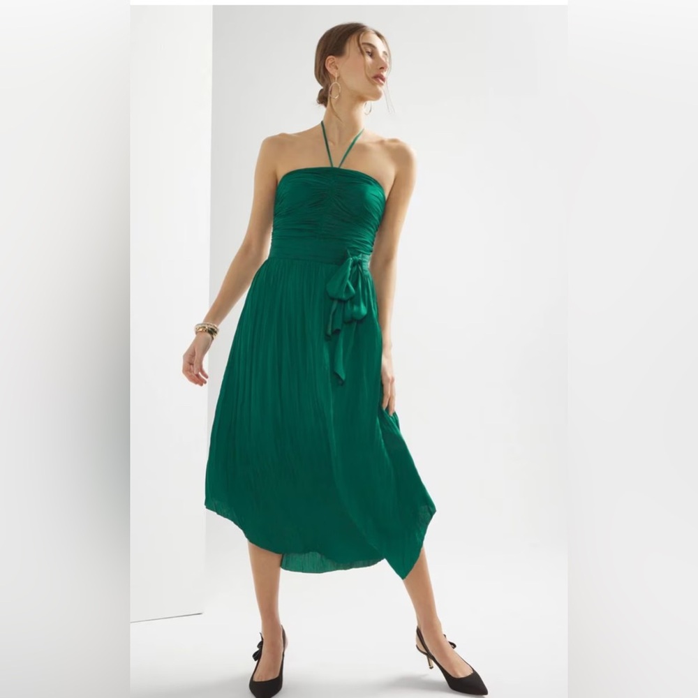 New White House Black Market Elegant Green Halter Strapless Tie Waist Dress - Picture 3 of 6